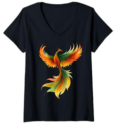 Damen Feuer-Phoenix-Vogel, spiritueller Phönix, wiedergeboren T-Shirt mit V-Ausschnitt