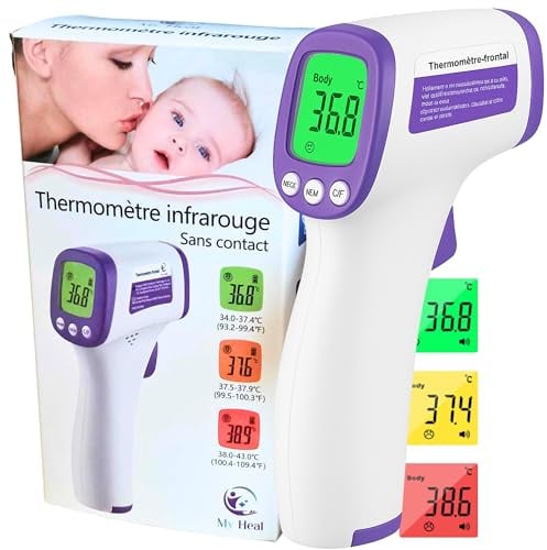 Termometro frontale senza contatto – Termometro per neonati e adulti a infrarossi medici professionali, digitale, temperatura istantanea 1s, schermo LCD a 3 colori, allarme febbre + batterie verdi