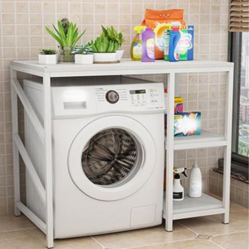 Lagerregal über der Waschmaschine, 3-Etagen Waschmaschinen Regal mit Wechselbaren Trennwänden, 2.5cm Stahlrahmen & 1.6cm Dicken Brettern, Stabiles Organizer(White a)