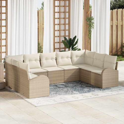 Kaloriko Garten-Sofa-Set, 9-teilig, Beige/Weiß Poly Rattan, Modulares Outdoor Ecksofa mit Kissen, UV-beständig, Langlebig für Terrasse, Garten, Balkon