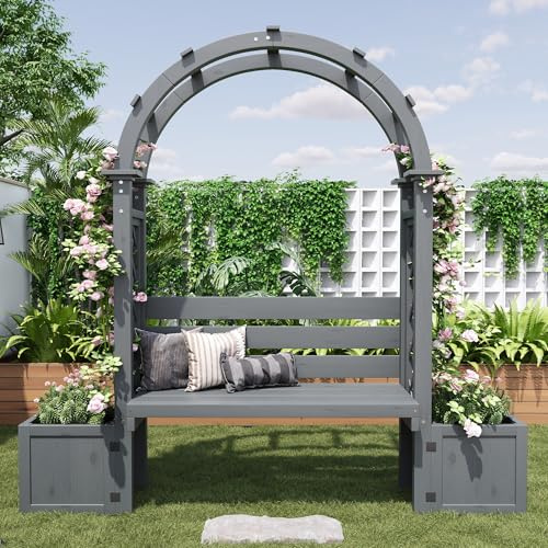 RAPRAP Pflanzkübel Mit Rankgitter, Pflanzkasten Mit Spalier Und Sitz, Hochbeet/Blumenkasten Mit Sichtschutz Für Garten Hof Terrasse,Grau