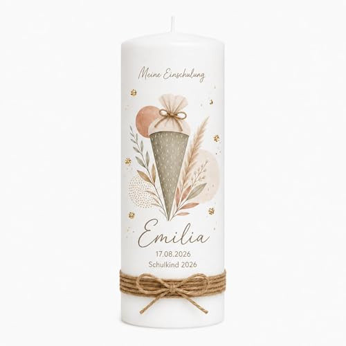 MilaBoo personalisierte Einschulungskerze 25 x 8 cm – Kerze zur Einschulung, handgemacht in Deutschland, Geschenk für Schulanfang, Schulkind Kerze in 5 Varianten (Schultüte rose)