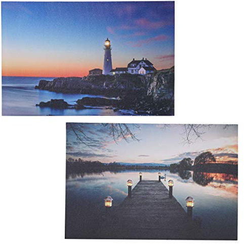Mendler 2er-Set LED-Bild, Leinwandbild Leuchtbild Wandbild 40x60cm, Timer - Lighthouse