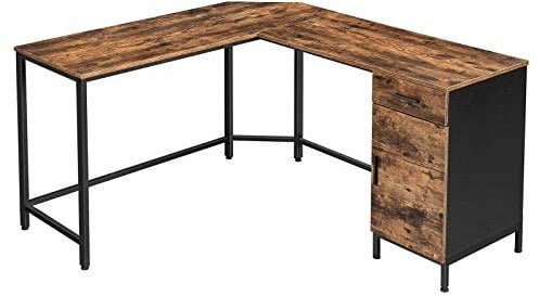 VASAGLE Table en Forme de L, Bureau d'angle, avec Placard de Rangement et tiroir, Peu encombrant, Montage Facile, Cadre en Acier, Style Industriel, Marron Rustique et Noir LWD74X