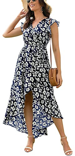 GRECERELLE Womens Summer Maxi Dress Boho Floral Cocktail Polka Dot Wrap Dresses V Neck Casual Party Bohemian Flowy Long Dress for Ladies (Big Lily Navy, XL)