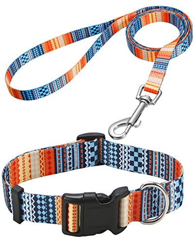 Mihqy Hundehalsband und Leine Set, Verstellbares, Weich & Komfort Nylon Hunde Halsband für Kleine Mittlere Große Hunde Welpen Katzen(Böhmische Orange Set,M)