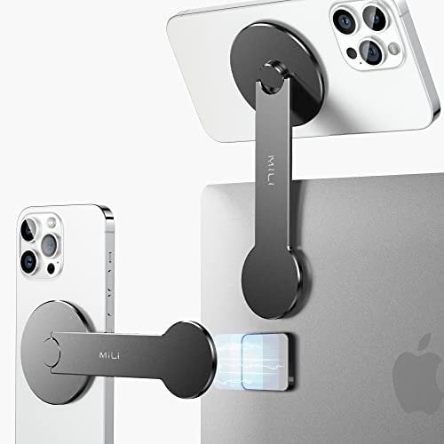 MILI ORBITA360, Magnetic Laptop Phone Holder, Supports Mag-Safe for iPhone 12/13, Foldable Monitor Expansion Bracket, Compact Size, Compatible with All Cell Phones (Black)