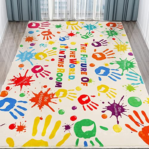 LTKOUGFAM Colorful Kids Rug, Washable Rug for Kids, Handprints Area Rugs for Kid Bedroom, Non-Slip Play Mat Ultra Soft Thick Indoor Plush Rugs for Playroom Classroom Nursery Decor (78.7 X 59 INCH)