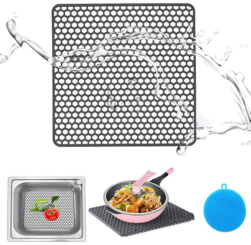 Protector Fregadero,Alfombrilla Fregadero Cocina Material de Silicona,Protector Fregadero Cocina para Fregadero de Acero Inoxidable Porcelana para Proteger la Pila (Gris oscuro, 30.5 x 30.5 x 1cm)