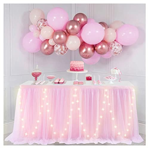 SHTGOI Tüll Tischrock Tütü Tischröcke 122 x 77 cm Gaze Tisch Tischdecke Tischdekoration Tisch Rock für Hochzeit Geburtstag Neujahr Babyparty Candy Party Dekoration Rosa mit LED