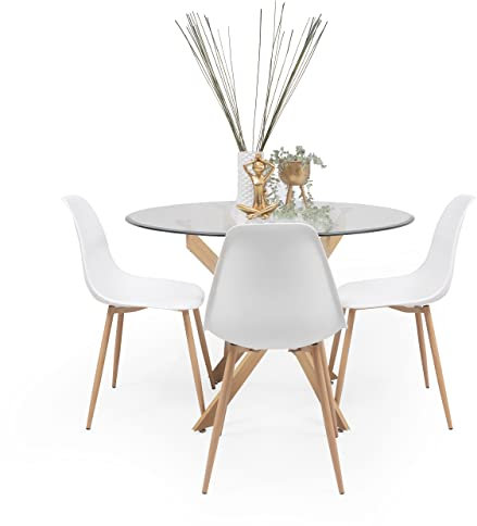 Homely - Conjunto de Comedor Dalila Nordic, Mesa de Cristal Templado de 110 cm y Estructura metálica Acabado Madera y 4 sillas de Comedor Color Blanco