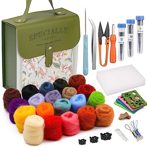 Mayboos Needle Felting Kit, Wool Roving 20 Colors Set, Wool Felting Kit Felt Molds with Portable Storage Box for DIY Craft Home Decoration Gift（Green Bag