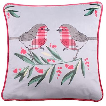 Fusion Kissen mit Rotkehlchen-Motiv, 43 x 43 cm, Füllung, wendbar, 2 Farben, Weihnachtsbezug mit Einlage, Dekoration, Stechpalmenbeeren