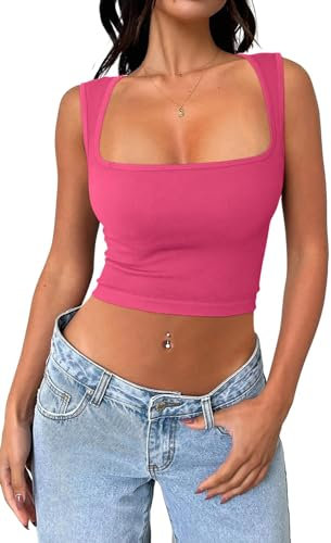 Cuptacc Bluse Damen Sommer Sexy Basic Bauchfreies Oberteile Eckigem Ausschnitt Elengant Sport Top Rosa Klein S 34-36