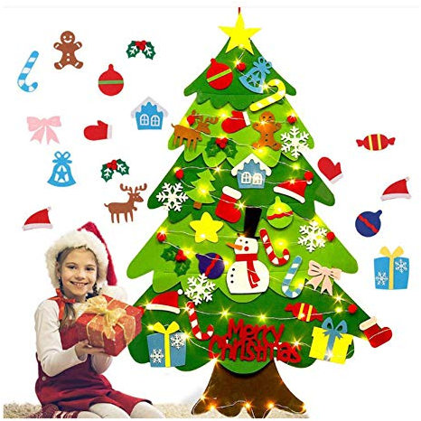 LuminescentDream 98 * 70 cm Juego de árbol de Navidad Desmontable de Fieltro DIY con 32 Piezas de Adornos de Navidad Luces LED de Cadena de 3m, niños,decoración para Colgar en la Pared del hogar
