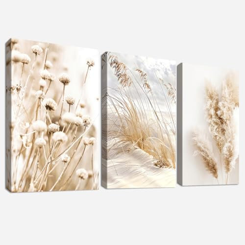 3 Pcs Beige Löwenzahn Pampasgras Salbei Mit Rahmen Leinwand Bilder Küstenstrand Landschaft Bild auf Leinwand Malerei Wandbilder Wohnzimmer Schlafzimmer Badezimmer Wanddeko 120x60cm (16x24x3)