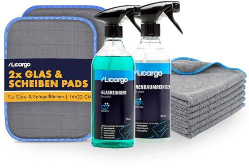LICARGO Innenraum & Scheiben Set Pads - 2X Glas & Scheiben Pads - 1x hochwertiger Glasreiniger (750ml) - 1x Premium Innenraumreiniger (500ml) - 6X Lackschonende Mikrofasertücher mit 380 GSM