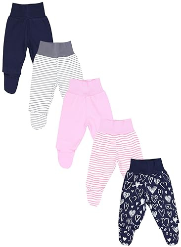 TupTam Baby Strampelhose Jungen Mädchen Hose mit Fuß 5er Pack, Farbe: Pink Streifen Blau Herzen Grau, Kinder Größe: 86