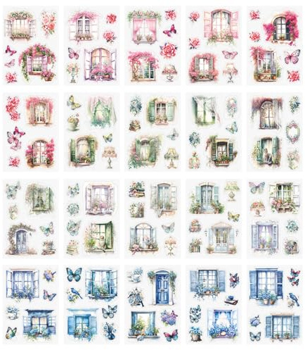 Scrapbook Aufkleber, 20 Blatt Garten Landschaft, Sticker, Wald, Fenster, Blumen, PET Aufklebers für Scrapbooking, Kartenherstellung, DIY
