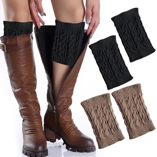 HSLPSM 2 Paare Stulpen Damen Kurz, Damen Beinstulpen Winter Warme Kurze, Stulpen Damen, Beinwärmer Gestrickte Bein Wärmer Legwarmer Für Damen Mädchen (Khaki,Schwarz)