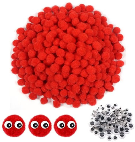 TOAOB 1000 Stück Pompons zum Basteln Groß 10 mm Rot Pompom Flauschigen Plüsch set Bälle Kunst Bommel mit 100 Stück Selbstklebend Wackelaugen für Dekorieren Nähen DIY Lustige Kreativen Handwerk