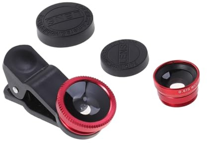 Handykameraobjektiv Rot für Smartphone und Tablet, 3-in-1 | Makro, Fischauge und Weitwinkel, Clip On mit Aluminiumlegierung und Glas, Verzerrung
