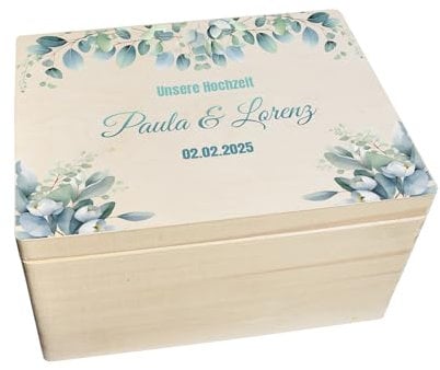 CHICCIE Erinnerungsbox personalisiert zur Hochzeit mit Druck farbig Eukalyptus Rahmen - Hochzeitstag Holzkiste Erinnerungen Erinnerungskiste 40x30x23cm