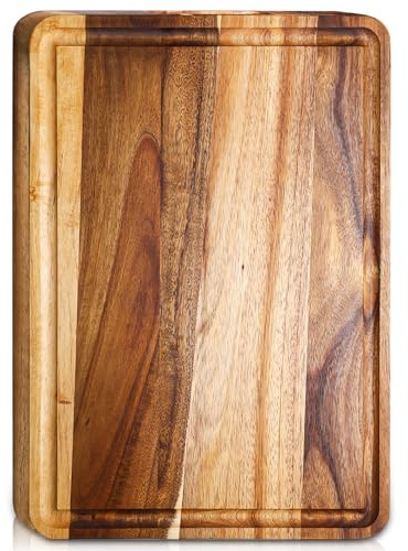Planche à découper en bois d'acacia - Grande planche de service pour fruits et viandes - Avec rainure à jus