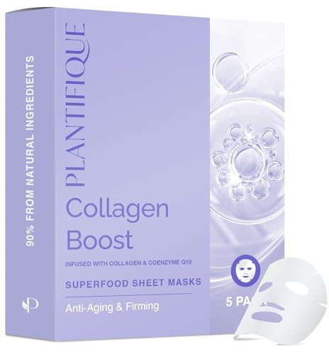 PLANTIFIQUE Koreanische Gesichtsmaske 5-Pack mit Superfoods - Kollagen, Coenzym Q10, Blaubeeren & Hyaluronsäure - Feuchtigkeitsspendende und straffende Tuchmasken - Korean Face Mask