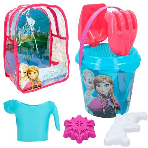 ColorBaby 48205 - Disney Frozen Set Cubo de Playa con Pala, rastrillo, regadera y Accesorios, Mochila de Playa para niños, Set Playa Infantil, Mochila con Juguetes para la Playa