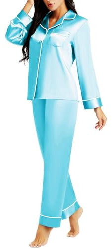 LONXU Pyjama en satin de soie pour femme - Bleu - Small