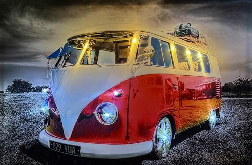 Samarkand - Lights LED Bild Leinwand 65x45 cm mit Beleuchtung – Oldtimer Auto/Classic Car/Vintage/Bus/Wandbild – LED Leuchtbild batteriebetrieben – Retro
