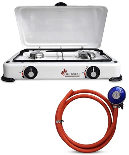 BRENNER Double Burner Gas Camping Stove – Portable Outdoor Gas Cooker with Enamel Lid & Butane 21mm Clip-on Regulator – Lightweight Camping Kitchen Equipment for Caravan BBQ, Picnic & Festival Cooking