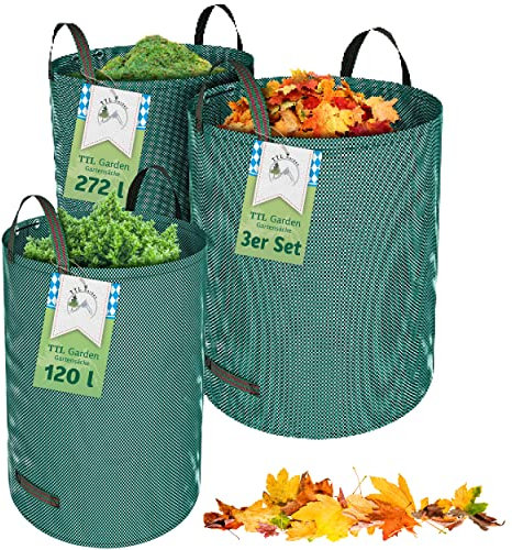 TTL Garden 3er Set 1x120L & 2x272L Gartensack - extra stabil selbststehend 4 Griffe 150gsm groß robust & faltbar - 3er Set Garten Sack Laubsack Abfallsack für Gras Laub Hecke Gartenabfall