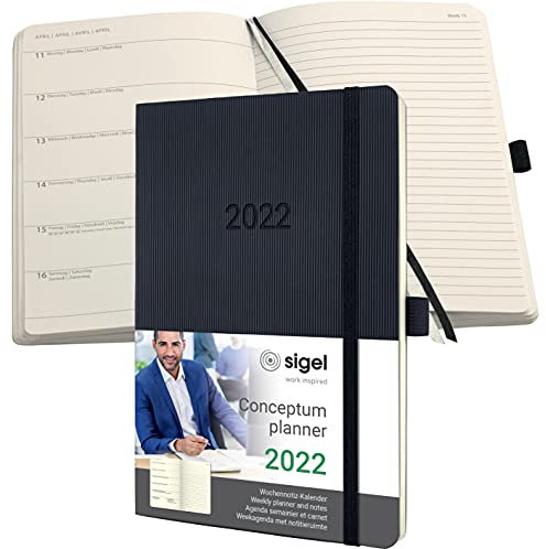 SIGEL C2224 Terminplaner Wochennotiz-Kalender 2022 - ca. A5 - schwarz - Softcover - 192 Seiten - Gummiband, Stiftschlaufe, Archivtasche - PEFC-zertifiziert - Conceptum