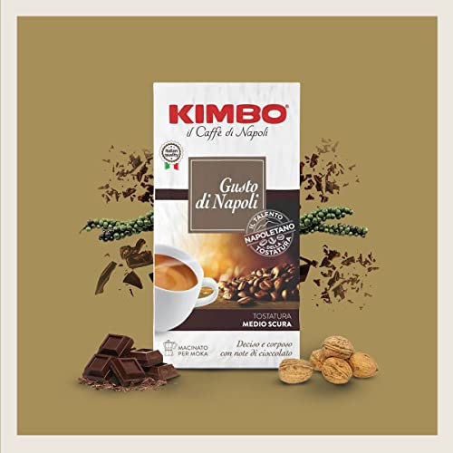 Kimbo, Gusto di Napoli, 250 g Caffè Macinato, Caffè Forte e Corposo, Intensità 10/13, Tostatura Medio-scura, Ideale per Moka