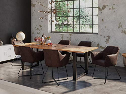 SAM 7tlg. Essgruppe Dora 200 x 100 cm, Mangoholz massiv & naturfarben, Baumkantentisch mit U-Metallgestell in Mattschwarz + 6X Stuhl Kirin in Wildleder-Optik