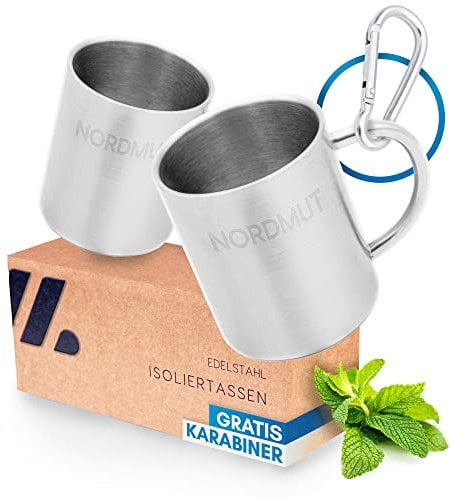 NORDMUT® Edelstahl Thermobecher [2er Set] Camping Tasse | nachhaltige Edelstahl Tasse | Kaffeetasse doppelwandig isoliert und BPA frei | Tassen Set für Camping & Outdoor [2 x 300 ml]