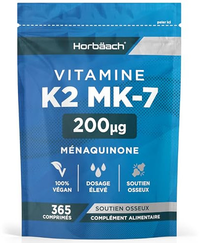 Vitamina K2 MK7 200 mcg | Menachinone MK-7 | 365 Compresse Vegane Facili da Deglutire | Ossa Normali e Coagulazione | Vit K2 MK7 | Integratore Alimentare ad Alto Dosaggio | di Horbaach