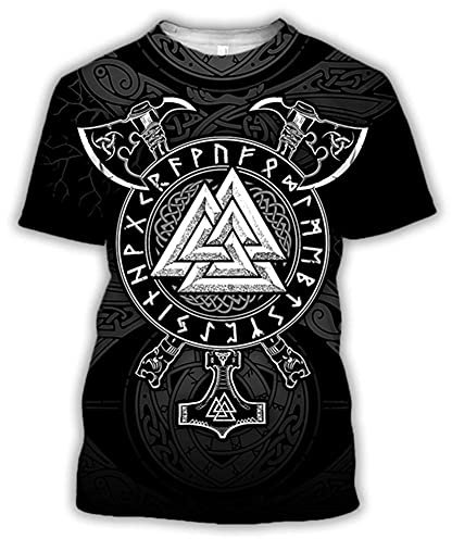 YOROOW-OUTDOOR Viking Tattoo T-Shirt for Men, Norse Mythology Short-Sleeve Summer Casual 3D Printed Cosplay Shirt (US Size),Valknut Axe,4XL