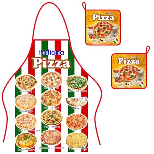 Generico Schürze + 2 Topflappen aus Baumwolle, Pizza Italien, italienische Produkte