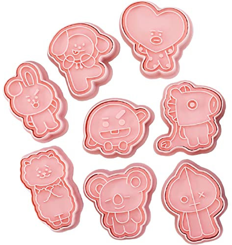 Simmpu Cookie Pressing Cutter Embossing Mold,8pcs BT21 Cookie Cutters Set Plastic Biscuit Fondant Press Plunger Cutters Mould Cartoon Pattern Printing DIY Baking Tools for Kids Cake Pastry Decor-Pink