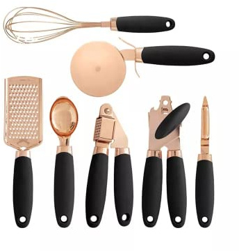 7 pc Kitchen Gadget Set Rose Gold Kitchen Utensils Non Stick and Heat Resistant Cooking Utensils Set Stainless Steel Cookware with Soft Touch Handles Black