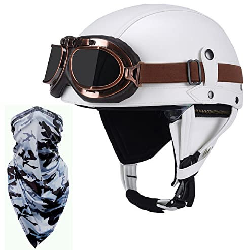 Jet-Helm Herren Retro Cruiser Bike Motorrad-Helm Mit Schutz-Brille Gesichtstuch, Erwachsene Jethelm Vintage Handgefertigte Leder Scooter-Helm Roller Motocrosshelm ECE-Zulassung