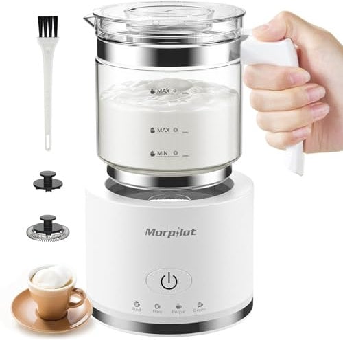 Morpilot Milchaufschäumer Elektrisch, 4 in 1 Milchschäumer für Heißer und Kalter, 600W 500ml, Abnehmbares Glasaufsatz, Latte-Design, Visuelles Glas, Spülmaschinengeeigneter Edelstahl, Weiß