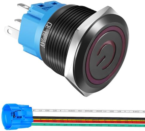 Gebildet Interruptor de Botón con Pestillo de Acero Inoxidable de 22mm 12-24V/5A Símbolo de Alimentación LED 1NO1NC SPDT ON Off Impermeable con Enchufe de Cable (LED Rojo/Carcasa Negra)