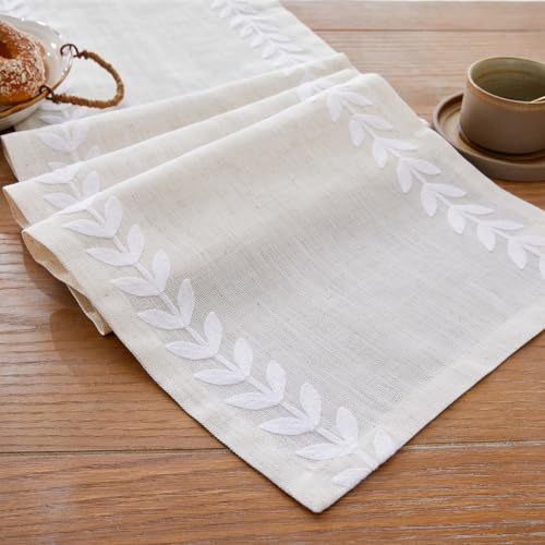 Wracra Tischläufer Weiß Leinen, Tischläufer unregelmäßige Weidenblatt | 150cm, Unregelmäßige Weidenblatt, Tischläufer Boho Handquasten, Maschinenwaschbar, Esszimmer, Feiertage, Party, Wohnkultur