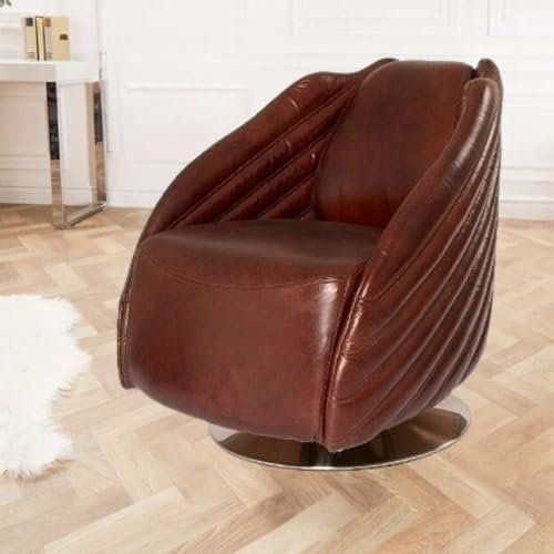 LEBENSwohnART Premium Dreh-Ledersessel Vegas Vintage-Cigar Rindsleder Design Aluminium