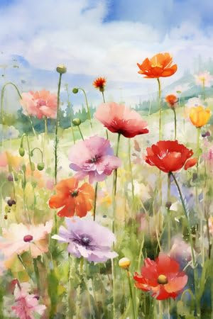 Tableau acrylique 30 x 50 cm : peinture aquarelle de coquelicots dans la prairie Illustration dessinée à la main (212237823)