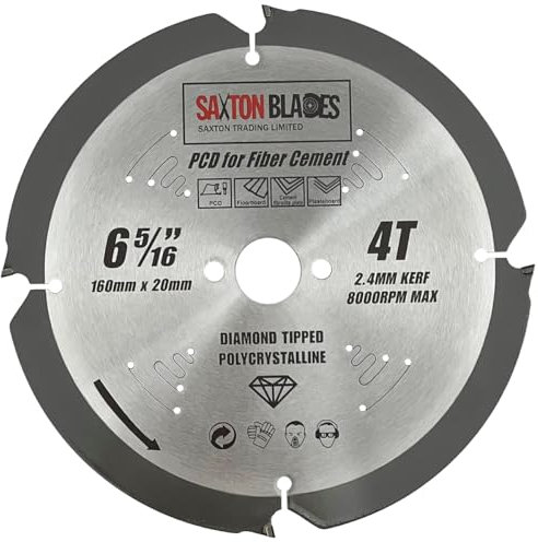 Saxton PCD Circular Saw Blade, 160mm x 4 Teeth x 20mm Bore, Polycrystalline Diamond Tipped Fibre Cement Board, Hard Materials